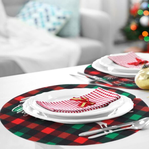6 Pcs Round Christmas Placemats Winter Snowflake Deer Buffalo Plaid Table - Picture 5 of 6